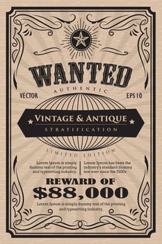 Western vintage frame label wanted antique hand drawn retro vector illustration