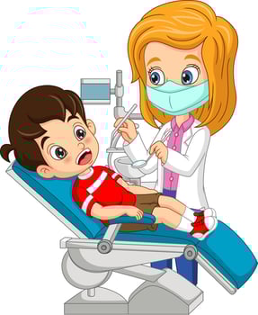 Doctor dentist cartoon checking boy teeth vector