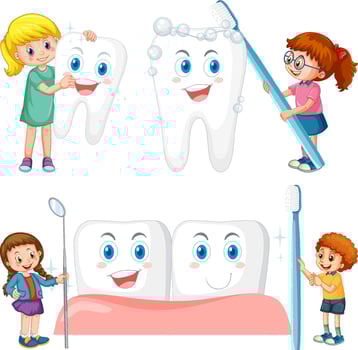 Set of happy kids holding dental cleaning equipment on white background vector