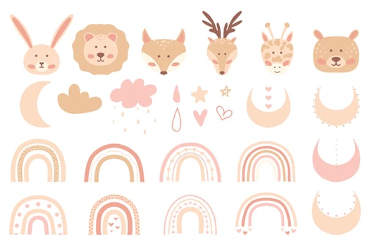 Children's hand drawn set of rainbows, animals, stars, moon, hearts. Cute set of clip-arts in children's boho style. Collection in pastel colors. Vector illustration.