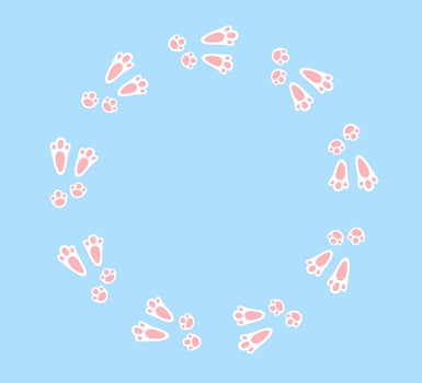 Rabbit or hare footprint trail. Easter bunny foot prints. Rabbit paw steps on snow. Hare steps track. Blank round frame template. Vector illustration isolated on blue background in flat style