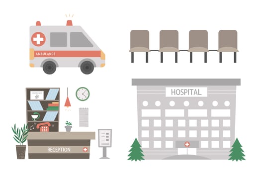 Vector medical set. Cute funny hospital building, ambulance car, reception hall isolated on white background. Flat clinic illustration. Health care concept.