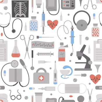 Vector seamless pattern with flat medical icons. Medicine or health insurance, research background. Healthcare and laboratory equipment digital paper. Health check or treatment texture