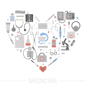 Vector frame with medical equipment and tools. Medicine elements banner design framed in heart shape. Cute funny health care, check or research card template.