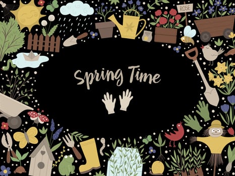 Vector Garden horizontal layout frame with gardening tools, flowers, insects, plants. Banner or invitation with place for text. Cute spring card template.