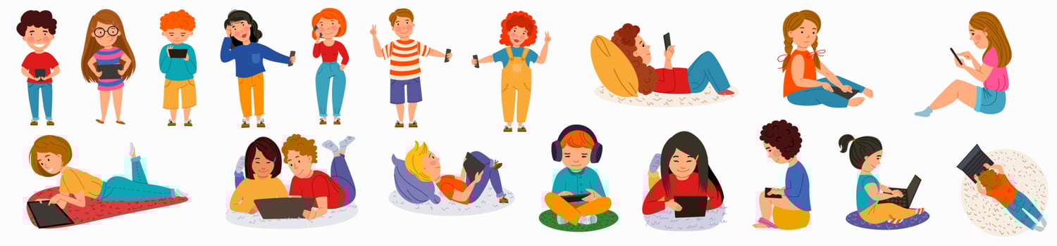 A set of children with gadgets. Kids with phones, tablets, laptops. Wireless technology. Flat vector isolated illustration