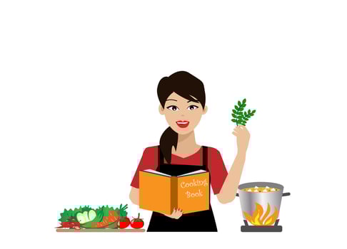 woman cooking food in kitchen with cooking book in hand vector
