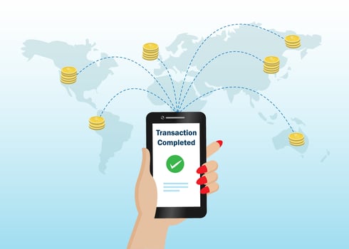 I banking, worldwide financial business transfer and payment. Hand holding smartphone using financial app transfer money on world map background. vector