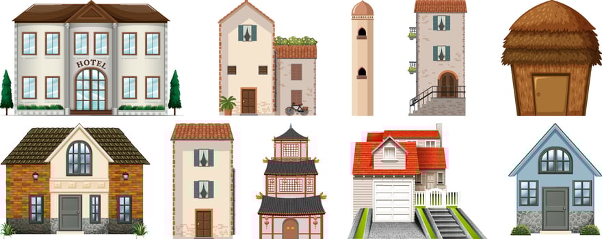 Different types of buildings on white background vector