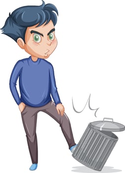 Teenager boy kick dustbin cartoon character on white background vector