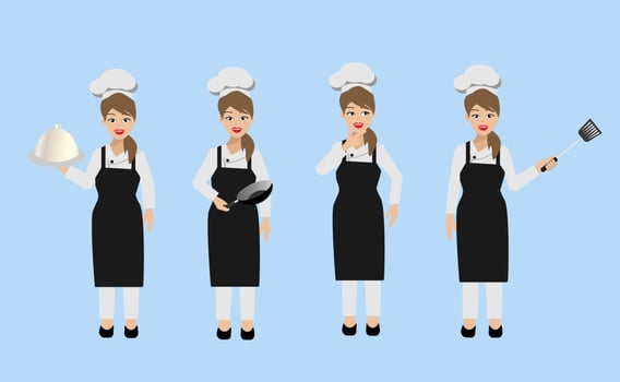 Chef woman in different poses holding cooking utensils. vector