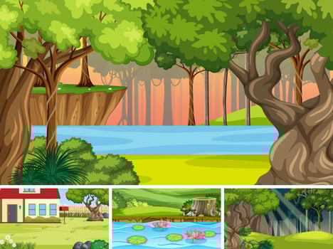 Nature scene with many trees and river vector