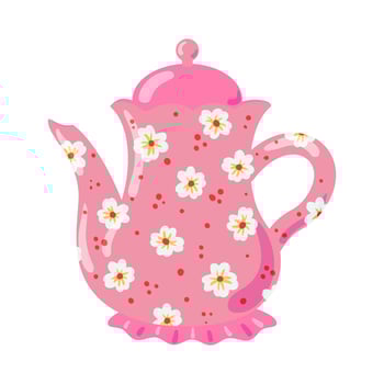 Cute ceramic teapot side view decorated with design elements flat cartoon illustration. Colored tea kettle hand drawn vector design. Kitchen trendy crockery for hot drink isolated on white background