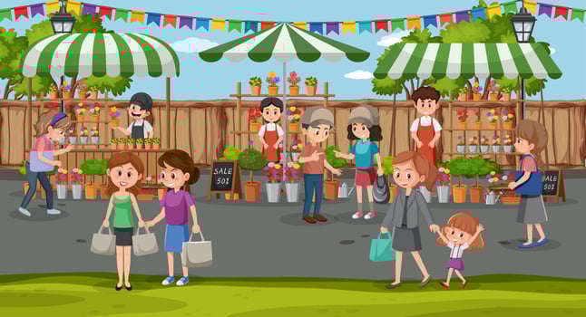 Flea market scene in cartoon style vector