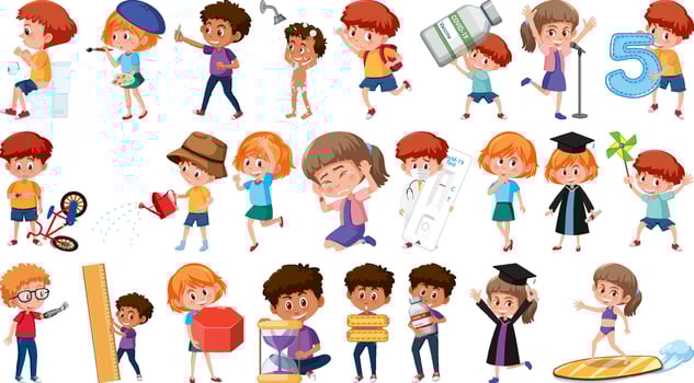 Set of children doing different activities on white background vector