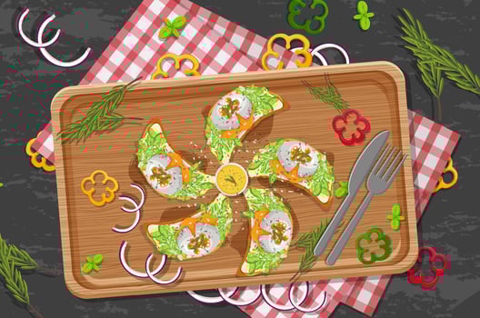 Top view of bruschetta on a wooden tray vector