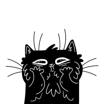 Funny black cat. Cartoon hand drawn cat. Vector illustration.