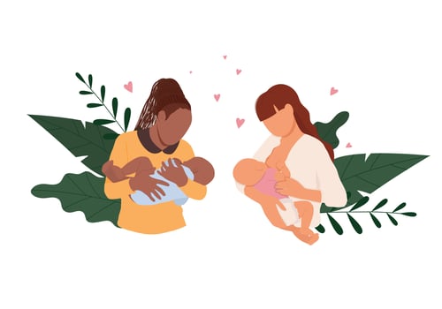 Two women breastfeeding their newborn babies. Vector illustration