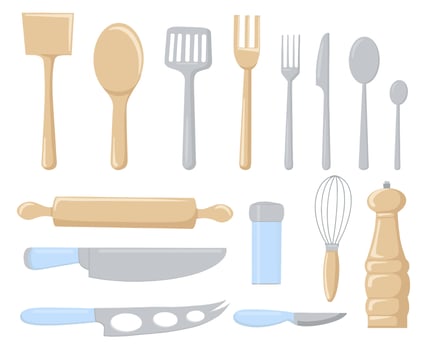 set of kitchen tools for cooking and eating vector