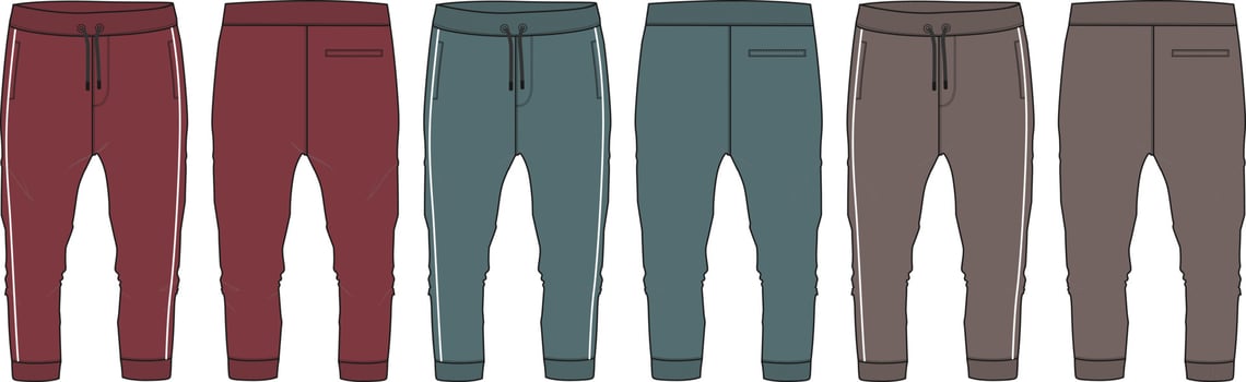 Multi color Set of collection Basic Sweat pant technical fashion flat sketch template front and back views. Apparel Fleece Cotton jogger pants vector illustration drawing mock up for kids and boys.