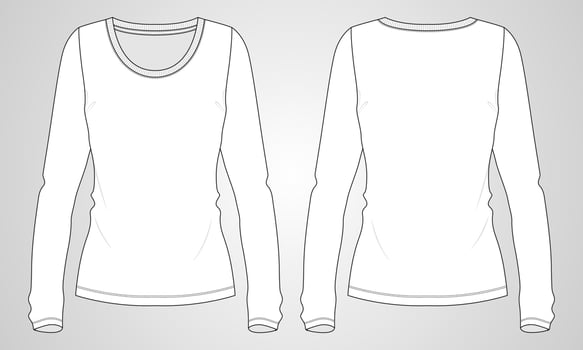 Slim fit long sleeve t shirt overall technical fashion flat sketch template for ladies. Apparel Cotton jersey vector illustration drawing mock up front, views. Clothing t shirt design for women's
