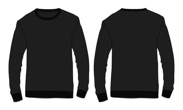 Crew neck Long sleeve Sweatshirt overall fashion Flat Sketches technical drawing vector template For men's. Apparel dress design Black Color mock up CAD illustration.