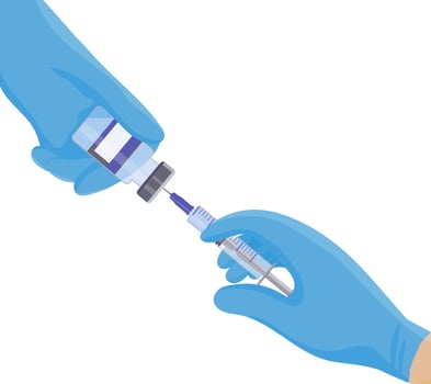 A syringe and a vial of medicine. Physician's hands in blue protective medical gloves. Flu vaccination, anesthesia, cosmetic injections in cosmetology vector