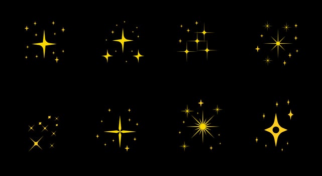 Background decorating, design, star, yellow, symbol, new year. Illustration   set of star icons, fireworks, sparkling flash, sky vector