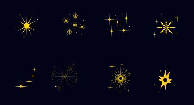 Background decorating, symbol, stars, yellow, orange, new year. Illustration   set of star icons, fireworks, sky, starligh vector