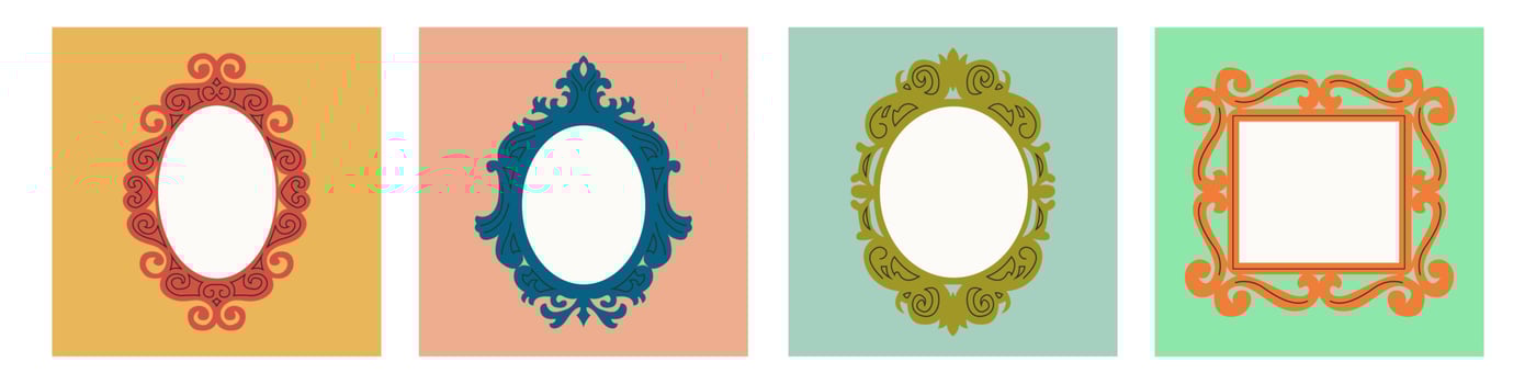 Set of various decorative Frames or borders. Vintage, retro design. Different shapes. Elegant, modern style. Photo or mirror frames.  Hand drawn trendy illustration. All elements are isolated vector