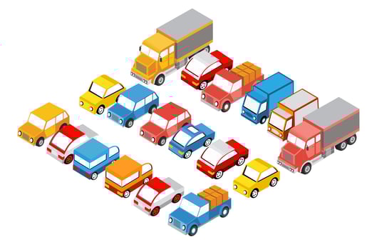 Isometric set cars and trucks transport infrastructure of the town vector