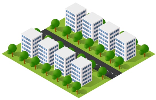 Isometric 3D illustration city urban area with a lot of houses and skyscrapers, streets, trees and vehicles vector