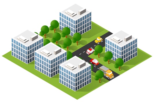 Isometric 3D illustration city urban area with a lot of houses and skyscrapers, streets, trees and vehicles vector