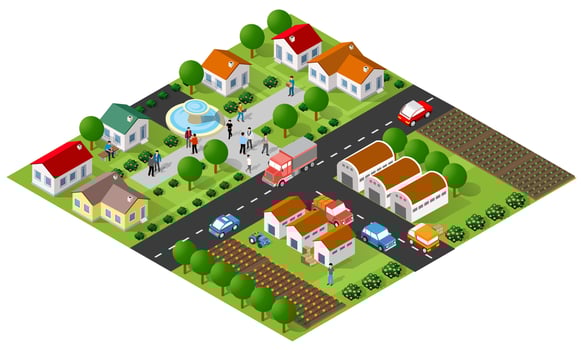 Country village district isometric illustration of a rural area with many buildings and houses, streets, trees and vehicles vector