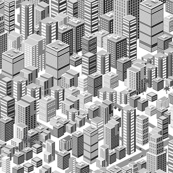 Isometric 3D illustration city urban area with a lot of houses and skyscrapers, streets, trees and vehicles vector