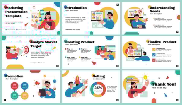 Presentation and slide background template. Template with digital Marketing SEO character illustration. Use in Presentation, flyer and leaflet, corporate report, marketing, advertising, annual report vector
