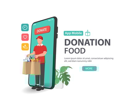Food and meal donation to people with app on a smartphone, volunteering and charity vector