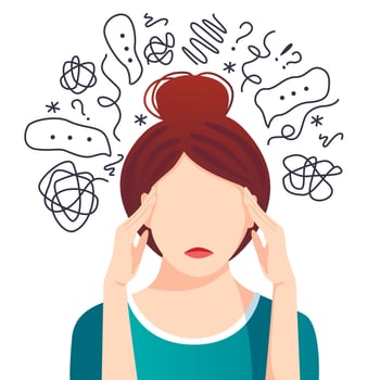 Anxiety, depression, stress, headache. Dizziness, sad and anxious thoughts of woman. Young famale is surrounded by stream of thoughts, chaos in head. Mental disorder. vector