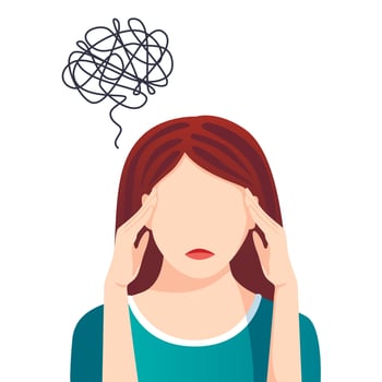 Anxiety, sad and depressed woman. Difficult life situation, headache, confusion. Females mood and health. vector