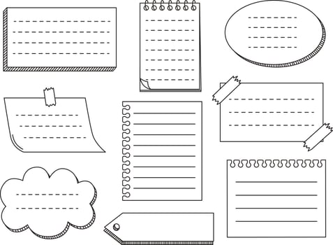 Memo paper sheets, sticky note, reminder, sticky tape and pins. Bullet journal elements. Vector illustration in white background.