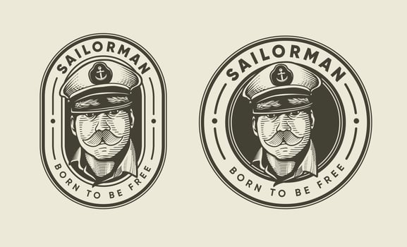 Old sailorman with mustache and hat. Engraving vintage classic retro logo badge vector