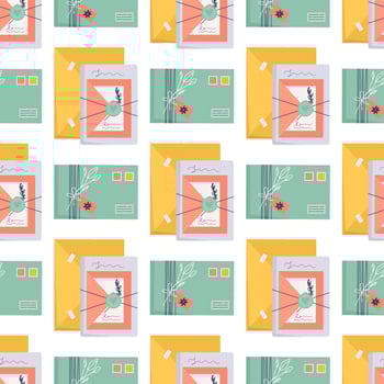 Seamless pattern with envelopes and stamps. Icon for delivery letter, correspondence, postal service. Hand made gift or present with craft paper letter, ribbon, branch and decor elements. flat vector