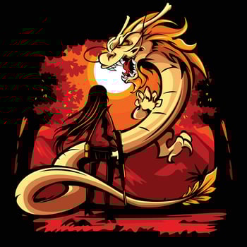 Vector illustration of armed woman facing a dragon