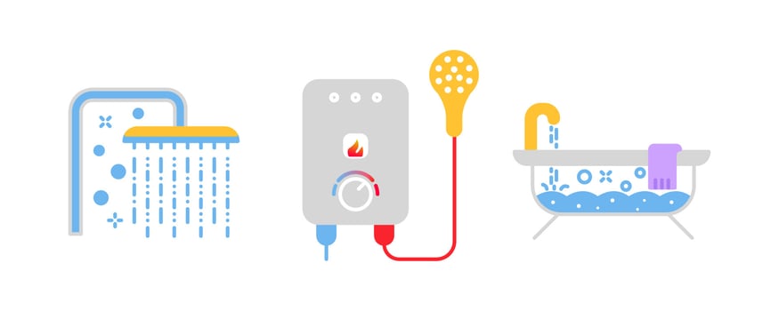 Bathroom set. Boiler with water heating, jacuzzi and running shower attachment vector icon set. Editable row set. Colorful icon set. Logo-web, icon design element.
