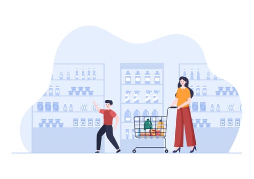 Supermarket with Shelves, Grocery Items and Full Shopping Cart, Retail, Products and Consumers in Flat Cartoon Background Illustration vector