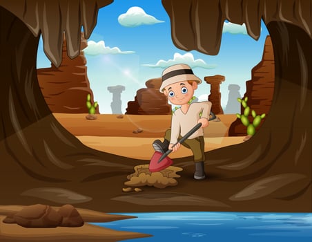 Cartoon of a man digging the ground in the cave vector