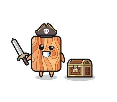 the plank wood pirate character holding sword beside a treasure box vector