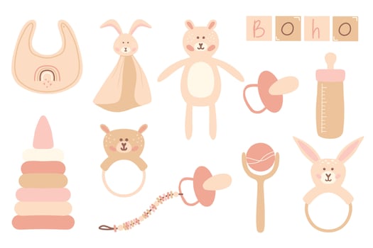 Set of children's toys for newborns. Children's boho style. Hand-drawn set of children's toys.Vector illustration. Bear, pyramid, rattles and much more. vector