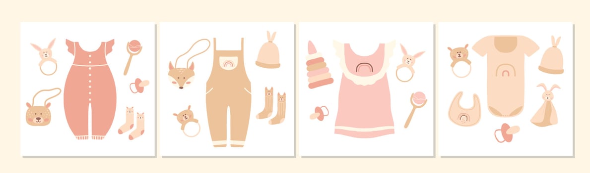 Boho outfit. Cute little girl wardrobe. Vector illustration. Accessories for newborns. Boho baby clothes, abstract boho style clothes, cute minimal kids clothes, clothes clipart.