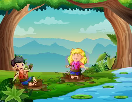 Two children have fun playing in the mud near the river vector